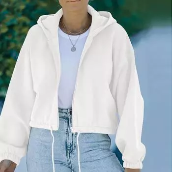 Женская мода с длинным рукавом для тренировок, укороченные толстовки с капюшоном на молнии, повседневная куртка, пальто, верхняя одежда M белый