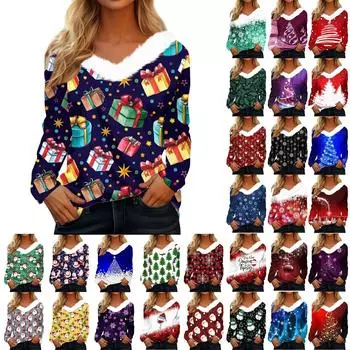 Женская мода с длинным рукавом для вечеринки, повседневный плюшевый воротник с рождественским принтом и v-образным вырезом, топ L темно-синий