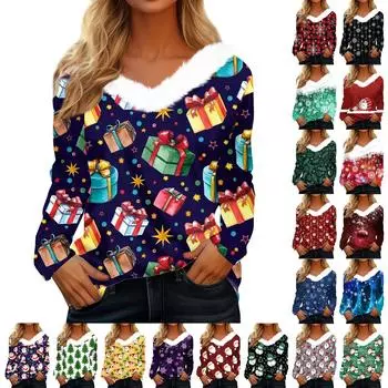 Женская мода с длинным рукавом для вечеринки, повседневный плюшевый воротник с рождественским принтом и v-образным вырезом, топ S