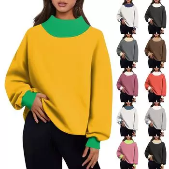 Женская мода с длинным рукавом и цветными блоками, свободная водолазка с разрезом и половиной водолазки, топ L чёрный