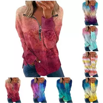 Женская мода с длинным рукавом и галстуком с постепенным принтом и застежкой-молнией, толстовка с капюшоном M синий