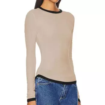Женская мода с длинным рукавом и круглым вырезом, тонкий короткий пуловер цвета коллизии, футболка, топ L бежевый