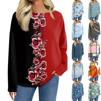 Женская мода с длинным рукавом и круглым вырезом, повседневная свободная футболка с принтом, топ M