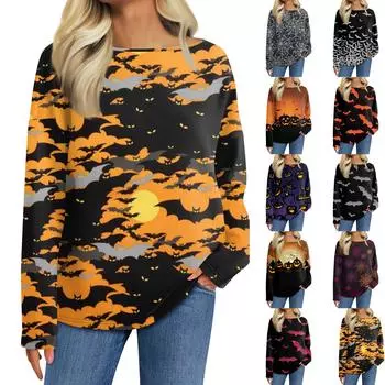 Женская мода с длинным рукавом и круглым вырезом, повседневная свободная футболка с принтом на Хэллоуин, топ XL
