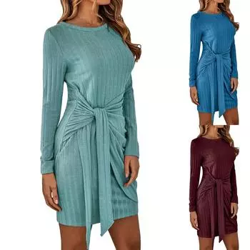 Женская мода с длинным рукавом и круглым воротником, однотонное тонкое платье M хаки