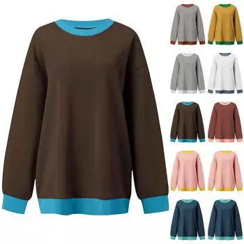 Женская мода с длинным рукавом и круглым вырезом, свободный повседневный пуловер с цветными блоками L коричневый