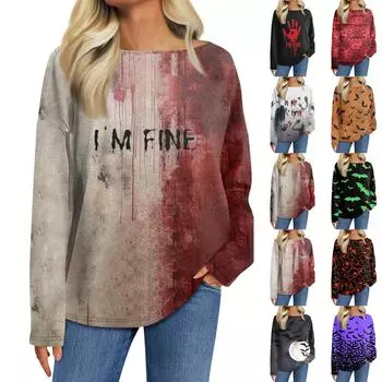 Женская мода с длинным рукавом и круглым вырезом, повседневная свободная футболка с принтом на Хэллоуин, топ L красный