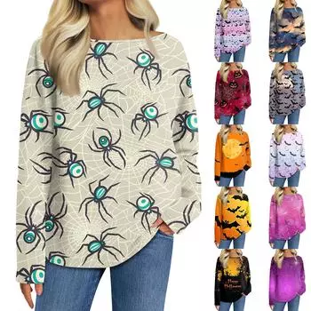 Женская мода с длинным рукавом и круглым вырезом, повседневная свободная футболка с принтом на Хэллоуин, топ XL бежевый