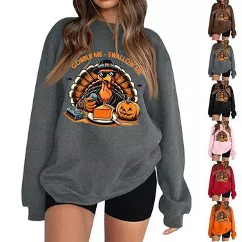 Женская мода с длинным рукавом и круглым вырезом с принтом ко Дню благодарения, свитшот M коричневый