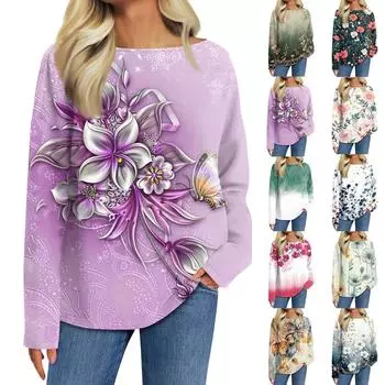 Женская мода с длинным рукавом и круглым вырезом, повседневная свободная футболка с принтом, топ L