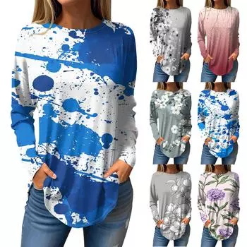 Женская мода с длинным рукавом и круглым вырезом, винтажный асимметричный пуловер L синий