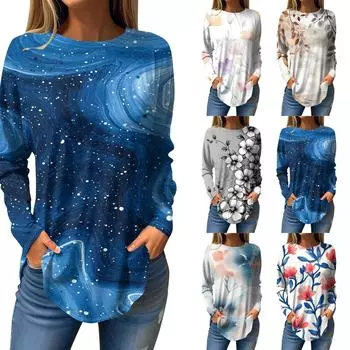 Женская мода с длинным рукавом и круглым вырезом, винтажный асимметричный пуловер L синий