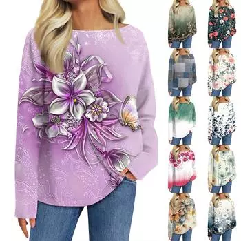 Женская мода с длинным рукавом и круглым вырезом, повседневная свободная футболка с принтом, топ XL зелёный