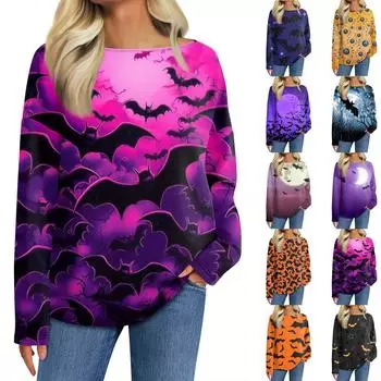 Женская мода с длинным рукавом и круглым вырезом, повседневная свободная футболка с принтом на Хэллоуин, топ XL шафрановый