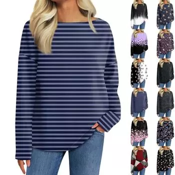 Женская мода с длинным рукавом и круглым вырезом, повседневная свободная футболка с принтом, топ L