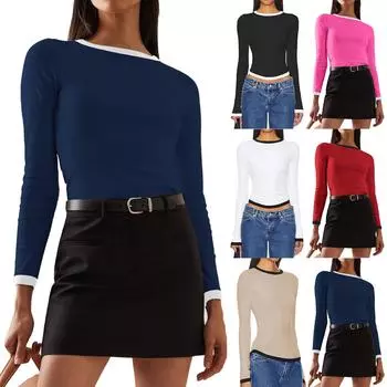 Женская мода с длинным рукавом и круглым вырезом, тонкий короткий пуловер цвета коллизии, футболка, топ L бежевый