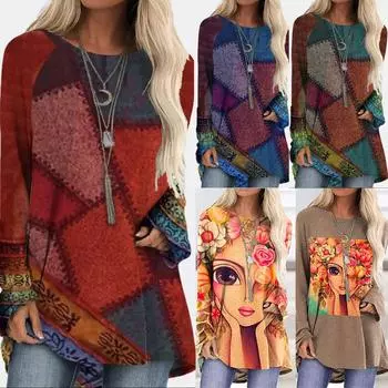 Женская мода с длинным рукавом и круглым вырезом, футболка с принтом, свободный топ XXL фиолетовый