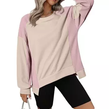 Женская мода с длинным рукавом и круглым вырезом, повседневная толстовка, пуловер, топ с цветными блоками L бежевый
