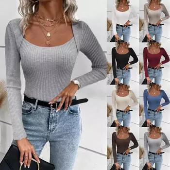 Женская мода с длинным рукавом и квадратным воротником вязаные свитера осень-зима мода тонкий пуловер свитер топы S кофейный