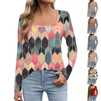 Женская мода с длинным рукавом и квадратным вырезом, пуловер с принтом, футболка, топ XXL разноцветный