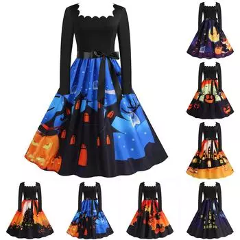 Женская мода с длинным рукавом и квадратным вырезом, повседневное платье с подолом на Хэллоуин XXXL жёлтый