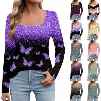 Женская мода с длинным рукавом и квадратным вырезом, пуловер с принтом, футболка, топ S
