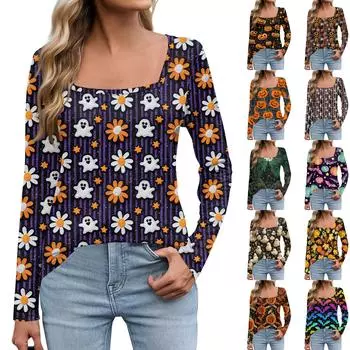 Женская мода с длинным рукавом и квадратным вырезом, пуловер с принтом, футболка, топ S зелёный