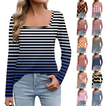 Женская мода с длинным рукавом и квадратным вырезом, пуловер с принтом, футболка, топ XXXL