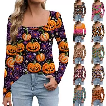 Женская мода с длинным рукавом и квадратным вырезом, пуловер с принтом, футболка, топ S