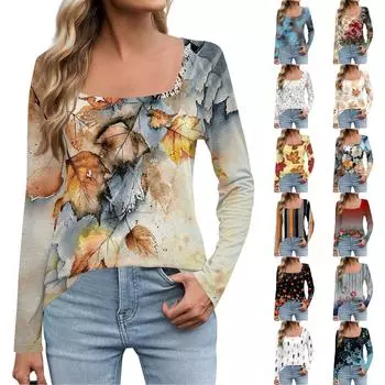 Женская мода с длинным рукавом и квадратным вырезом, пуловер с принтом, футболка, топ L синий
