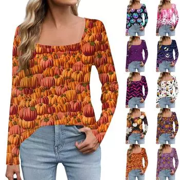 Женская мода с длинным рукавом и квадратным вырезом, пуловер с принтом, футболка, топ S