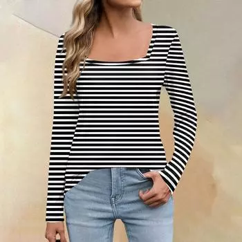 Женская мода с длинным рукавом и квадратным вырезом, пуловер с принтом, футболка, топ S чёрный