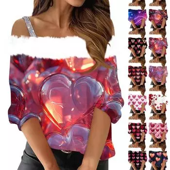 Женская мода с длинным рукавом и открытыми плечами на одно плечо с принтом ко Дню святого Валентина и плюшевым воротником L чёрный