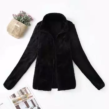 Женская мода с длинным рукавом и полной молнией из искусственного меха, теплая повседневная куртка, пальто, верхняя одежда L чёрный