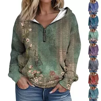 Женская мода с длинным рукавом и принтом, свободная толстовка с капюшоном на молнии и карманами
