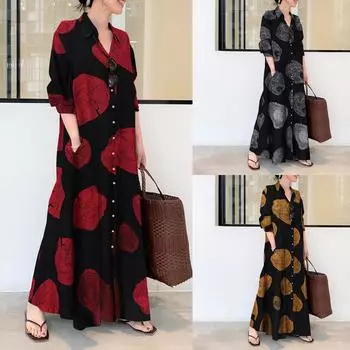 Женская мода с длинным рукавом и принтом, свободные повседневные длинные платья-рубашки L чёрный