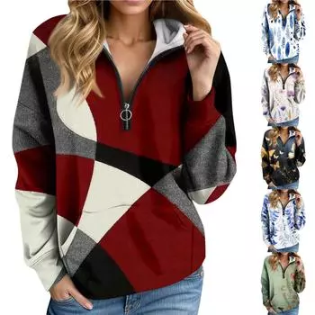 Женская мода с длинным рукавом и принтом, свободная толстовка с капюшоном на молнии и карманами