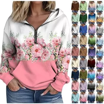 Женская мода с длинным рукавом и принтом, свободная толстовка с капюшоном на молнии и карманами