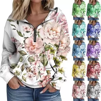 Женская мода с длинным рукавом и принтом, свободная толстовка с капюшоном на молнии и карманами L