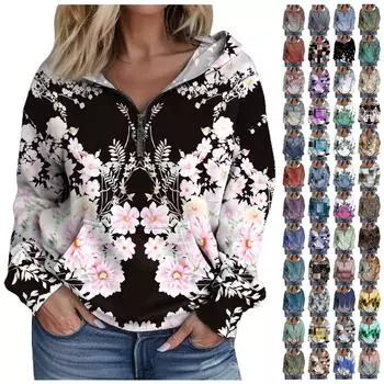 Женская мода с длинным рукавом и принтом, свободная толстовка с капюшоном на молнии и карманами XXL серый