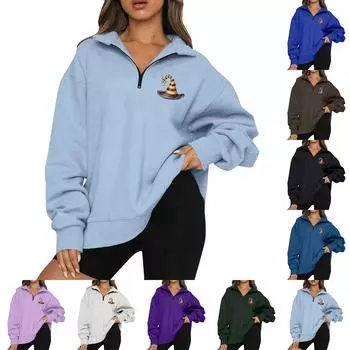 Женская мода с длинным рукавом и принтом Хэллоуина на молнии свитшот-топ L чёрный