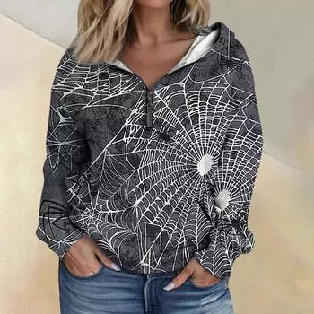 Женская мода с длинным рукавом и принтом, свободная толстовка с капюшоном на молнии и карманами XXXL