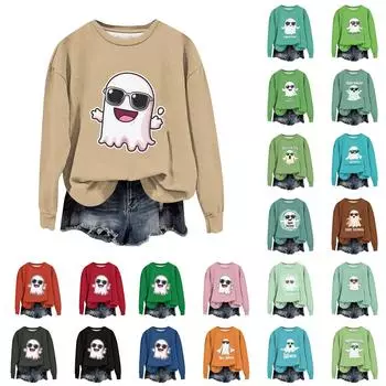 Женская мода с длинным рукавом и принтом на Хэллоуин с круглым вырезом XL