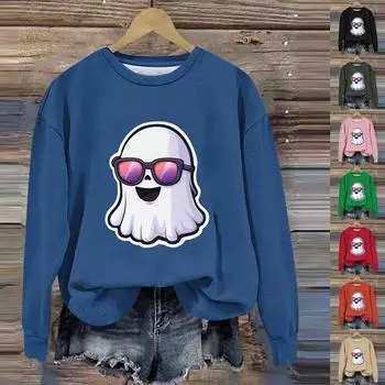 Женская мода с длинным рукавом и принтом на Хэллоуин с круглым вырезом XL
