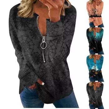 Женская мода с длинным рукавом и принтом на молнии с капюшоном на Хэллоуин XXXL оранжевый