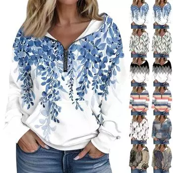 Женская мода с длинным рукавом и принтом, свободная толстовка с капюшоном на молнии и карманами S