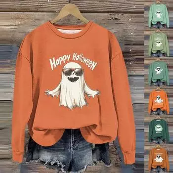 Женская мода с длинным рукавом и принтом на Хэллоуин с круглым вырезом L