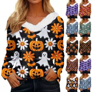 Женская мода с длинным рукавом и принтом на Хэллоуин с плюшевым вырезом и V-образным вырезом XXXL