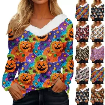 Женская мода с длинным рукавом и принтом на Хэллоуин с плюшевым вырезом и V-образным вырезом L чёрный