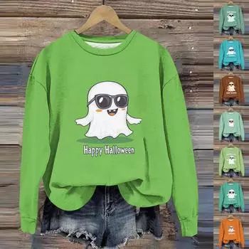 Женская мода с длинным рукавом и принтом на Хэллоуин с круглым вырезом M
